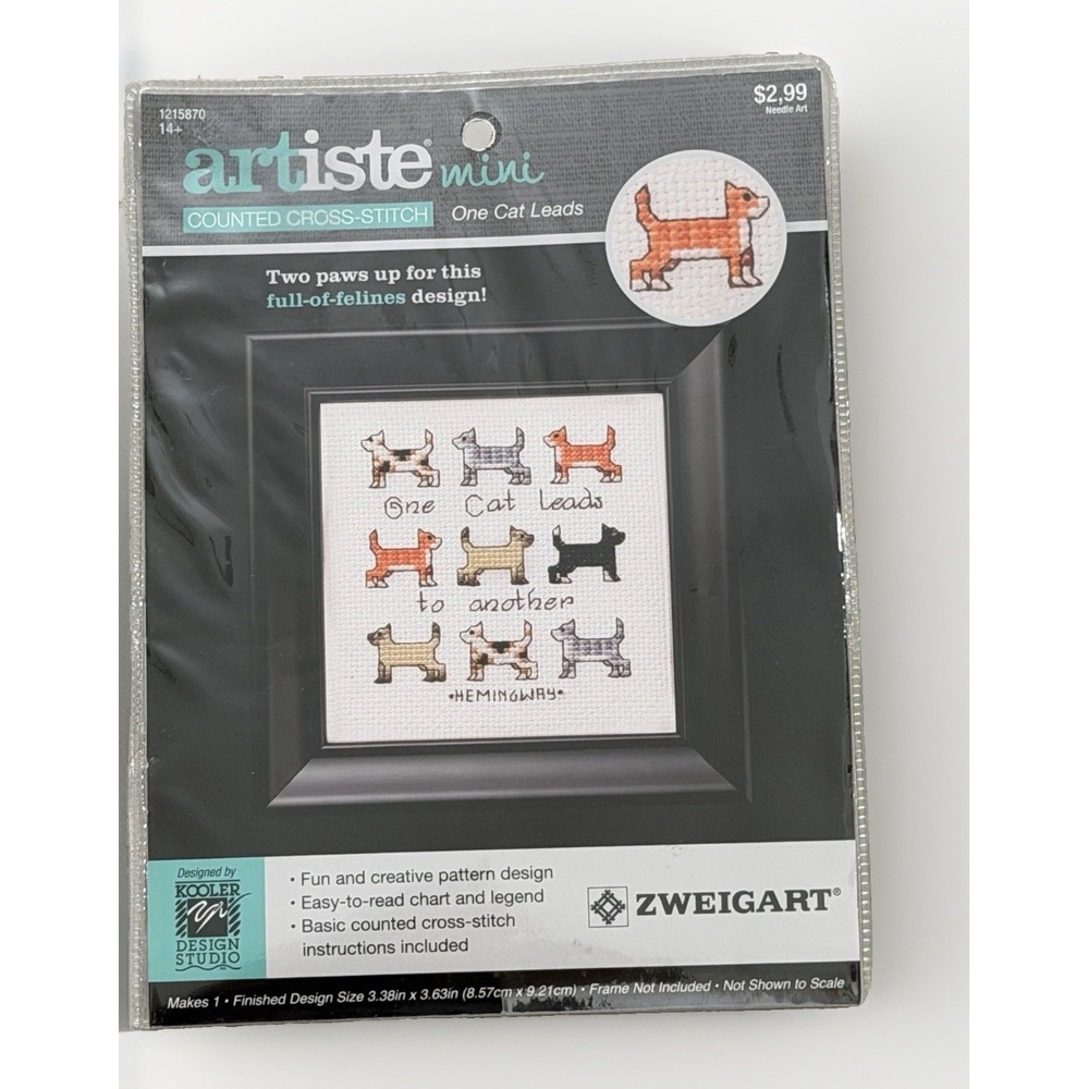 Artiste Mini Cross Stitch Kit One Cat Leads Hemingway Quote NIP Cottagecore